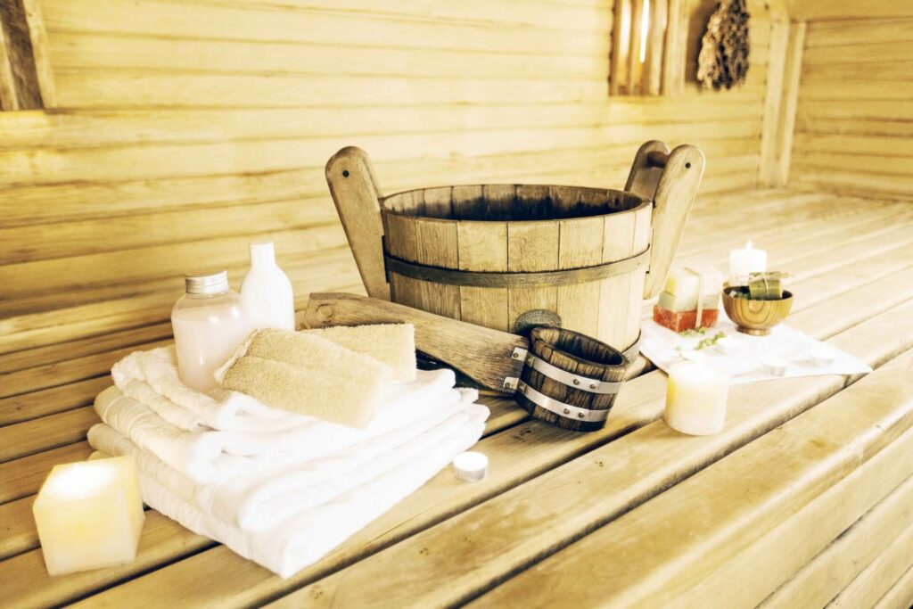 wooden sauna with towels in the Žilina town